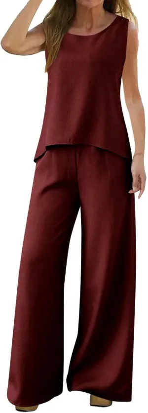 Women's Summer Two Piece Outfits Crew Neck Sleeveless Vest and Elastic Waist Pants Suit Cotton Linen Matching Sets