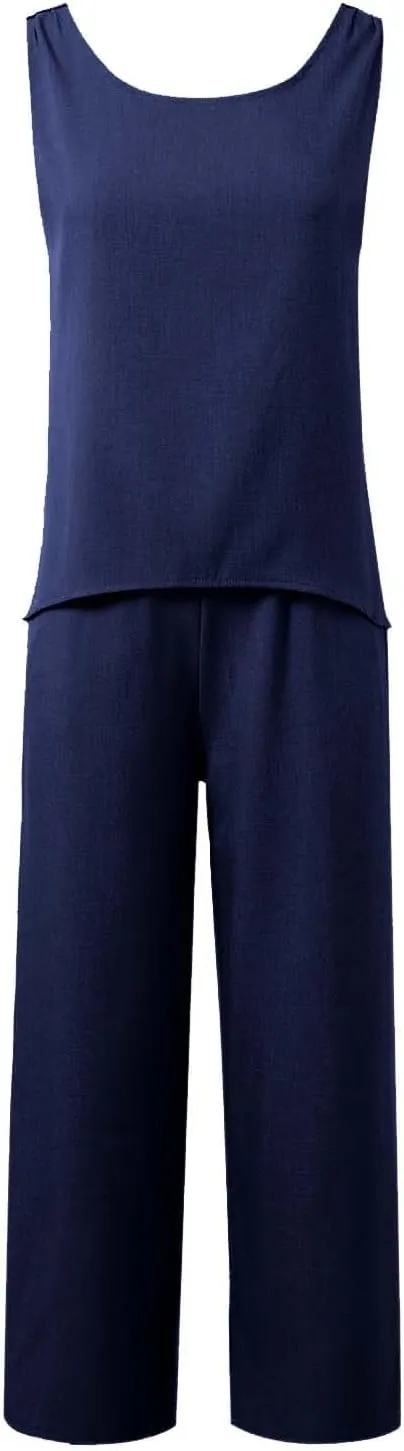 Women's Summer Two Piece Outfits Crew Neck Sleeveless Vest and Elastic Waist Pants Suit Cotton Linen Matching Sets