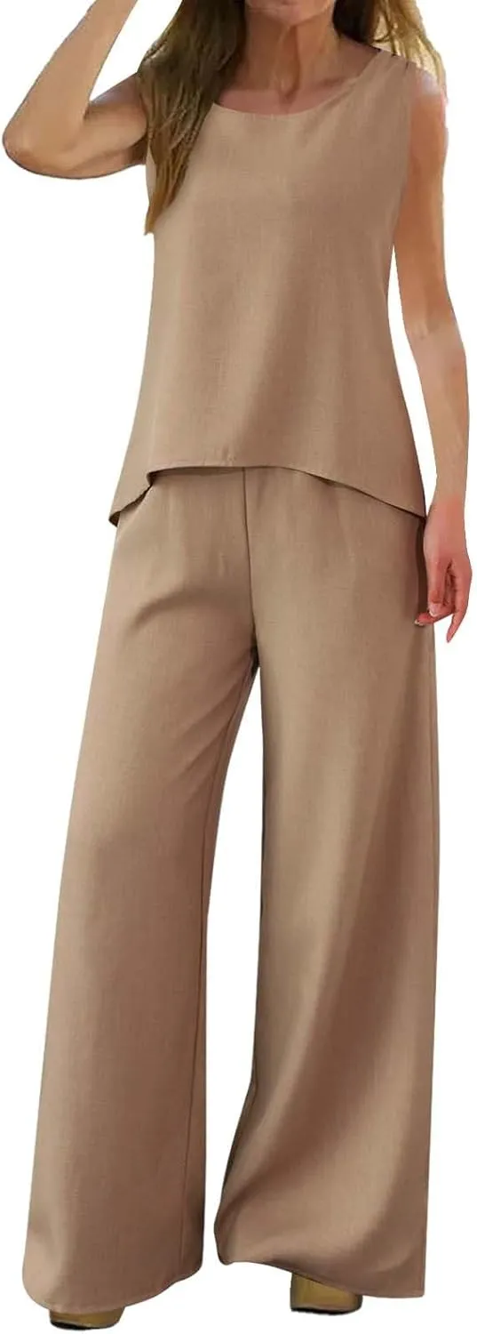 Women's Summer Two Piece Outfits Crew Neck Sleeveless Vest and Elastic Waist Pants Suit Cotton Linen Matching Sets