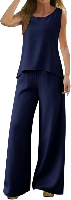 Women's Summer Two Piece Outfits Crew Neck Sleeveless Vest and Elastic Waist Pants Suit Cotton Linen Matching Sets
