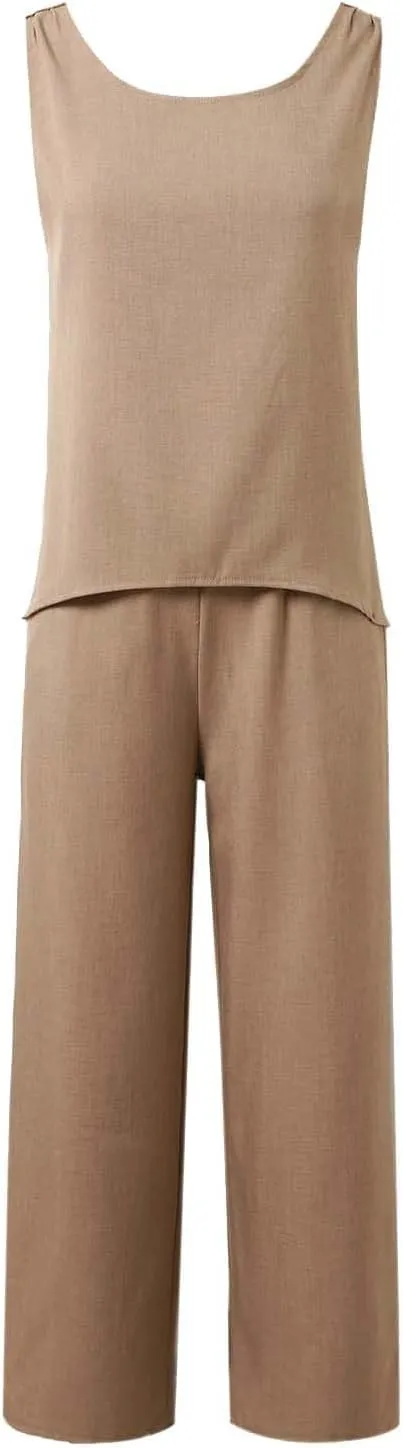 Women's Summer Two Piece Outfits Crew Neck Sleeveless Vest and Elastic Waist Pants Suit Cotton Linen Matching Sets