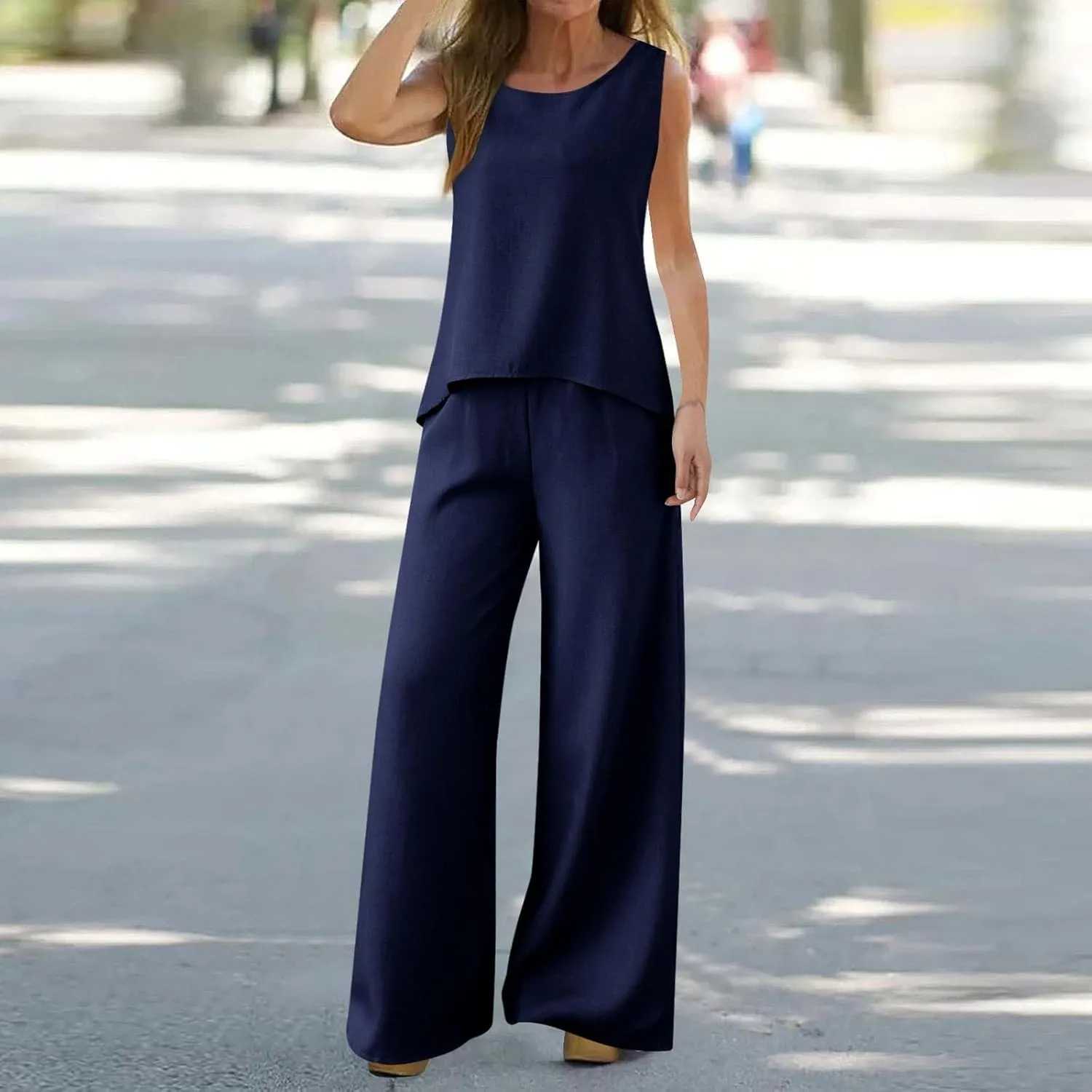 Women's Summer Two Piece Outfits Crew Neck Sleeveless Vest and Elastic Waist Pants Suit Cotton Linen Matching Sets