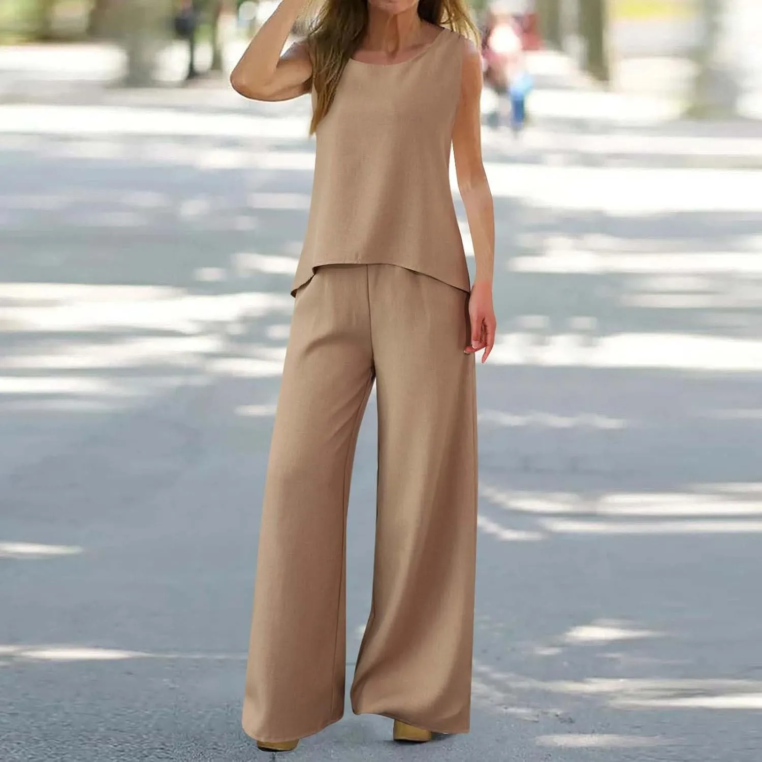 Women's Summer Two Piece Outfits Crew Neck Sleeveless Vest and Elastic Waist Pants Suit Cotton Linen Matching Sets
