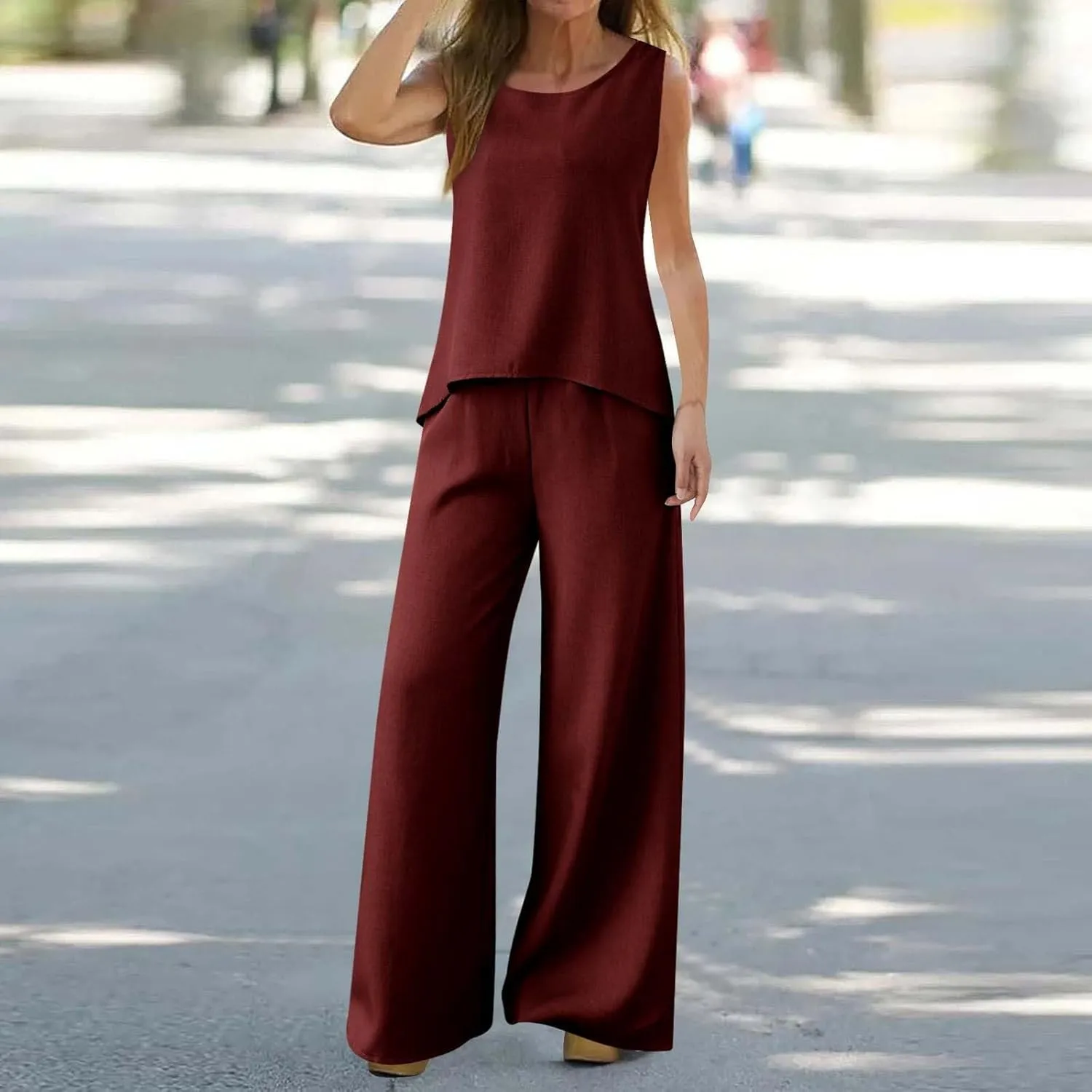 Women's Summer Two Piece Outfits Crew Neck Sleeveless Vest and Elastic Waist Pants Suit Cotton Linen Matching Sets