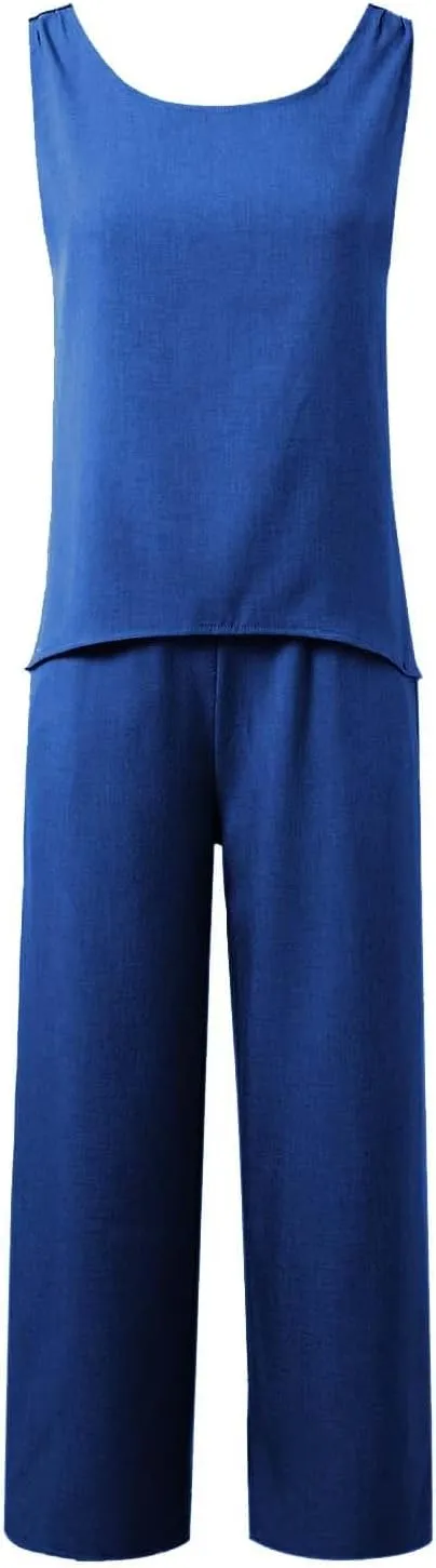 Women's Summer Two Piece Outfits Crew Neck Sleeveless Vest and Elastic Waist Pants Suit Cotton Linen Matching Sets