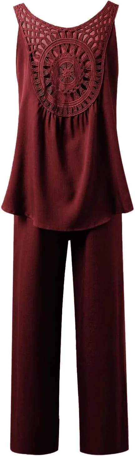 Women's Summer Two Piece Outfits Crew Neck Sleeveless Vest and Elastic Waist Pants Suit Cotton Linen Matching Sets