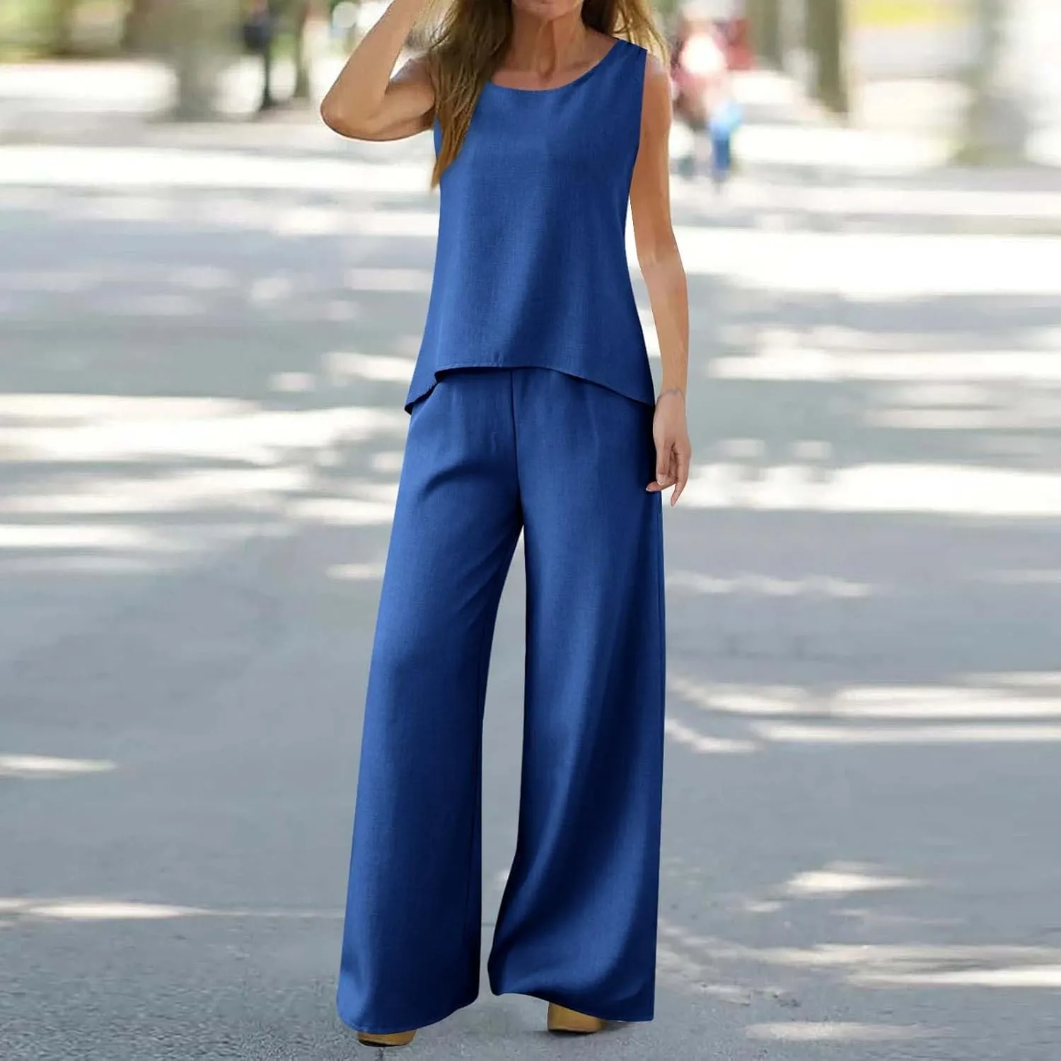 Women's Summer Two Piece Outfits Crew Neck Sleeveless Vest and Elastic Waist Pants Suit Cotton Linen Matching Sets