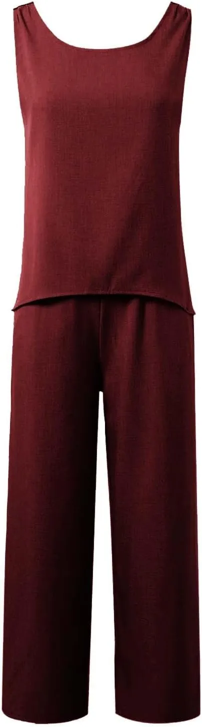 Women's Summer Two Piece Outfits Crew Neck Sleeveless Vest and Elastic Waist Pants Suit Cotton Linen Matching Sets