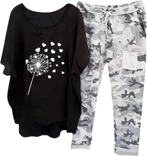 Womens Two Piece Sets Fashion Floral Printed Half Sleeve Tops Vintage Printed Pants Summer Cotton Linen Outfits