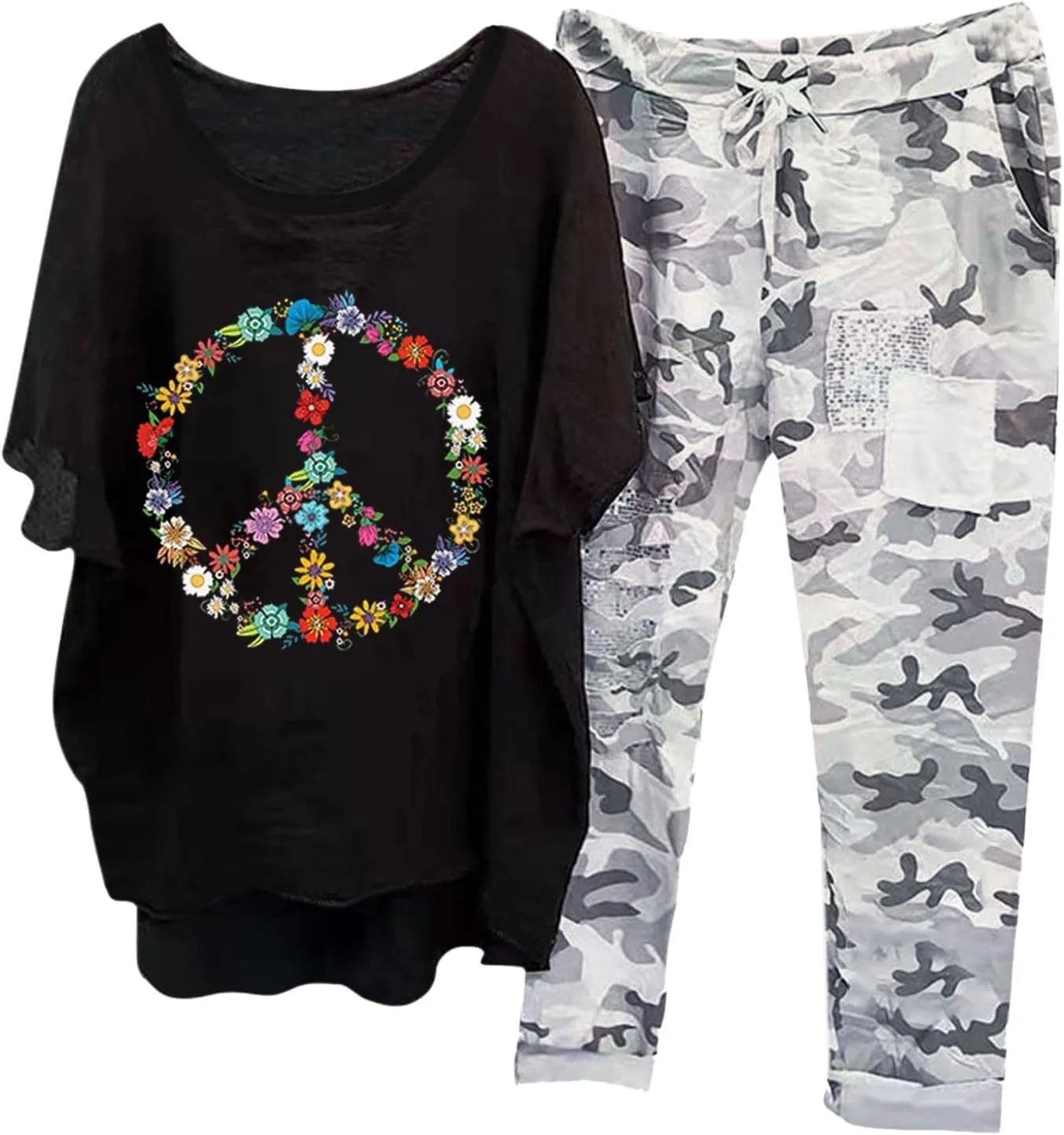 Womens Two Piece Sets Fashion Floral Printed Half Sleeve Tops Vintage Printed Pants Summer Cotton Linen Outfits