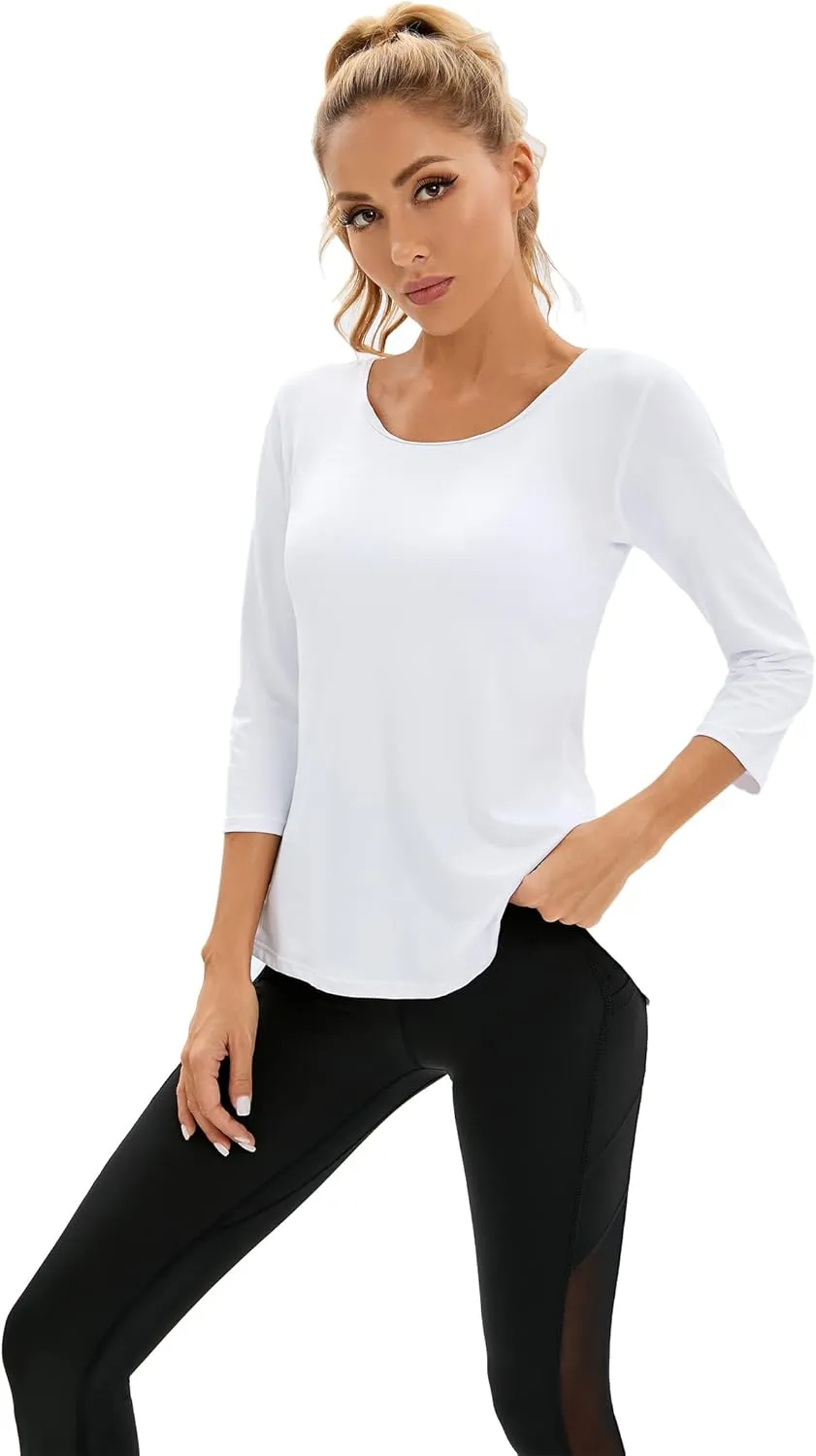 Womens Workout Shirts Athletic Running Tops 3/4 Sleeve Yoga Shirts Workout Tops for Women Breathable Athletic Top