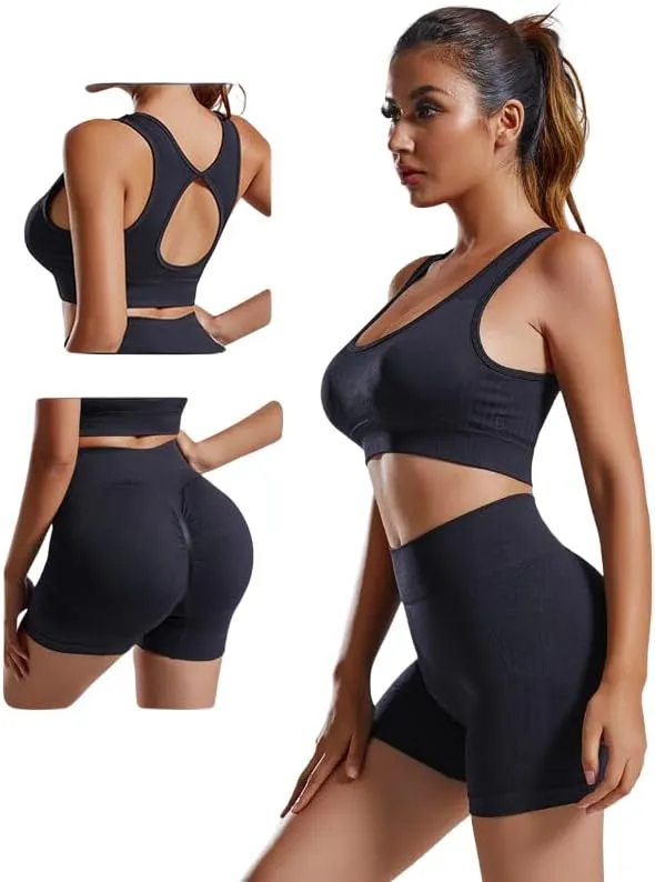 Women's Yoga Set  Seamless Sports Bra & High-Waist Shorts, 2-Piece Workout Tracksuit, Gym Clothing, Fitness Activewear