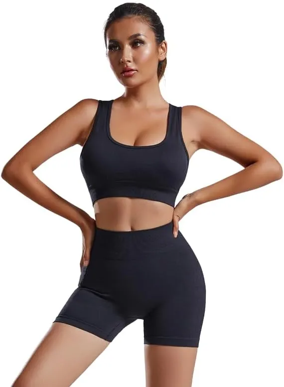Women's Yoga Set  Seamless Sports Bra & High-Waist Shorts, 2-Piece Workout Tracksuit, Gym Clothing, Fitness Activewear
