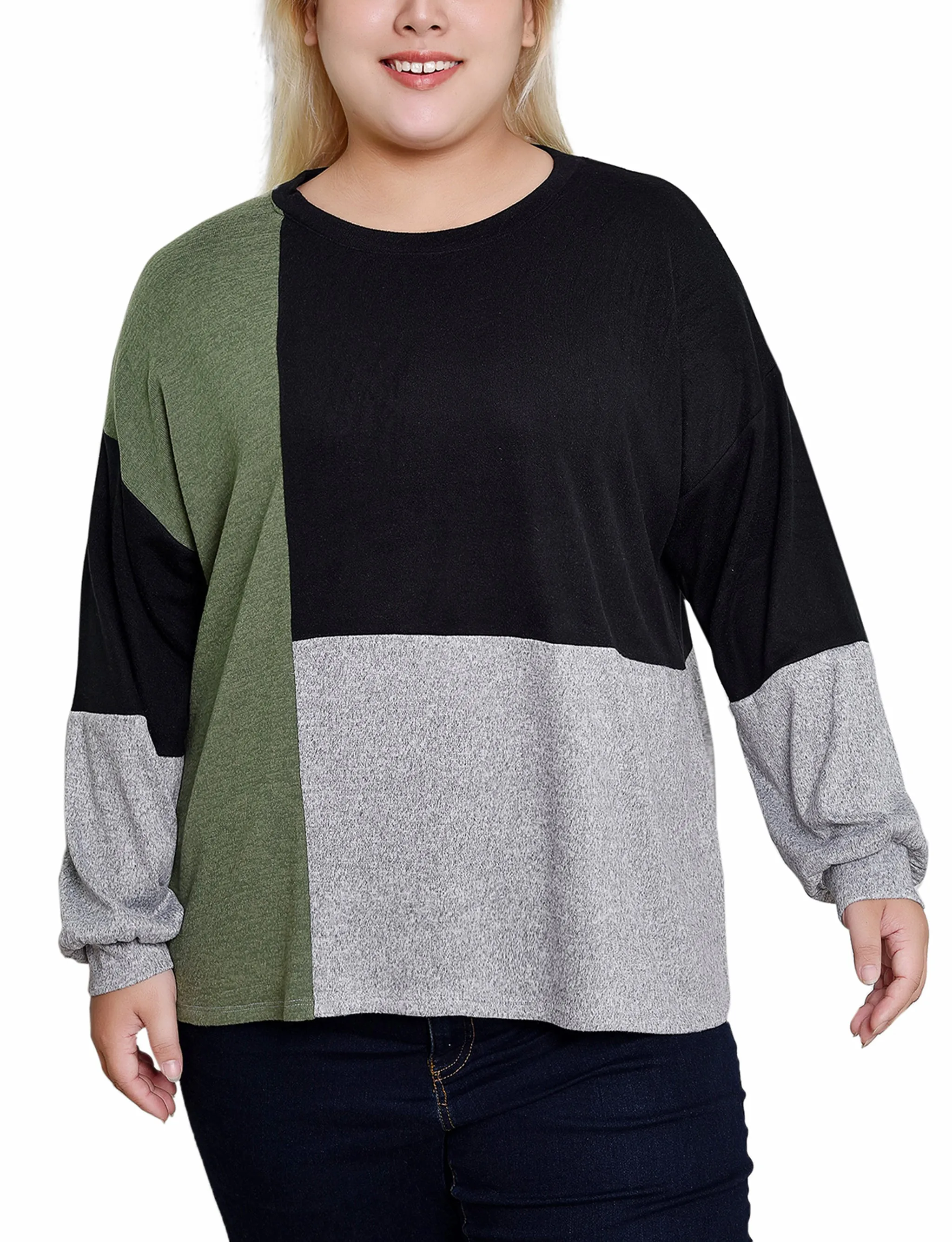 Texture Rich Flattering Look Plus Size Long Sleeve Colorblocked Top