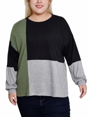 Wool blend Plus Size Long Sleeve Colorblocked Top Stain-Resistant Holiday-Party Plus Size Long Sleeve Colorblocked Top