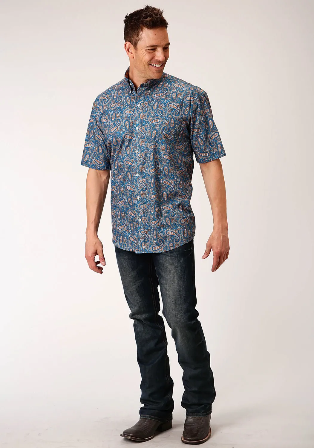 Roper Mens Multi-Color 100% Cotton Amarillo Paisley BD S/S 1 Pkt Shirt Matte Finish Business Meeting