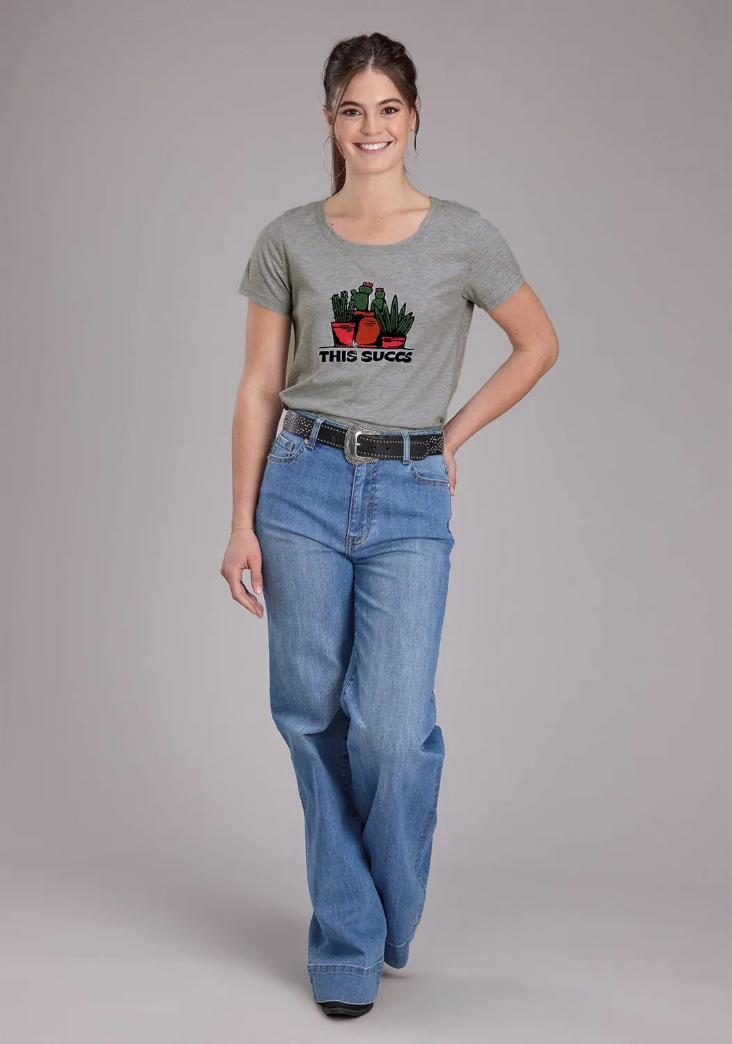 Roper Womens 2448 This Succs Grey Cotton Blend S/S T-Shirt Local Favorite Festival Fashion