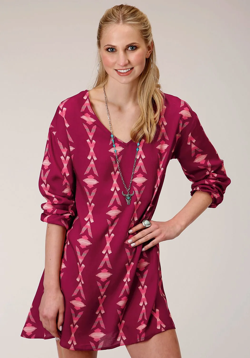 Roper Womens Wine Rayon/Nylon Aztec S/L Dolman Sleeve Dress Artist Vibe Everyday Stylish Cut