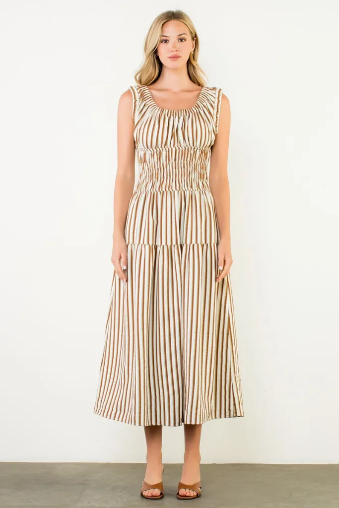 Florence Stripe Sleeveless Midi Dress Feminine full-length gown Lightweight Fabric