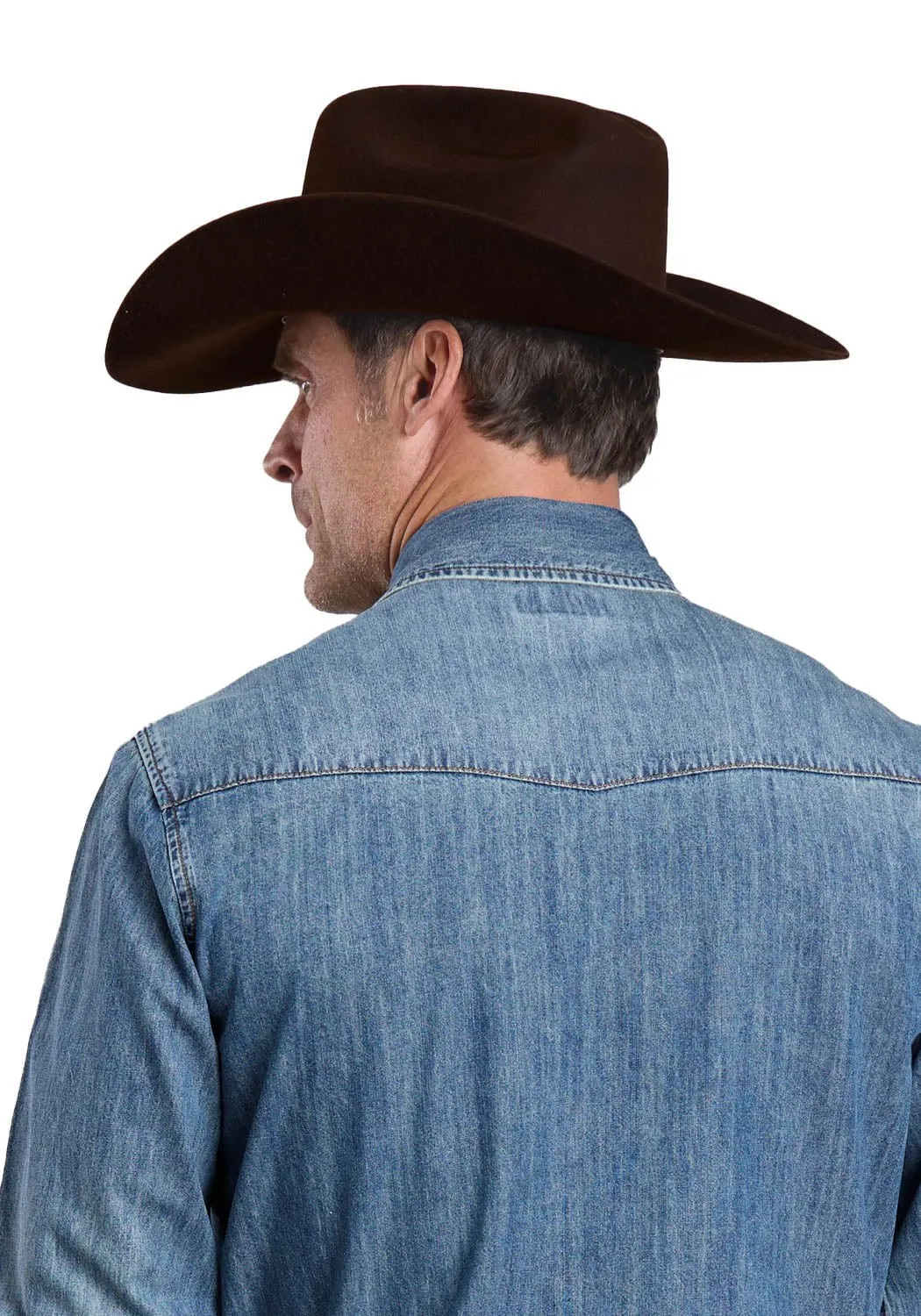 Sustainable Material Stetson Mens Turquoise Hex Snaps Stonewashed Denim 100% Cotton L/S Shirt