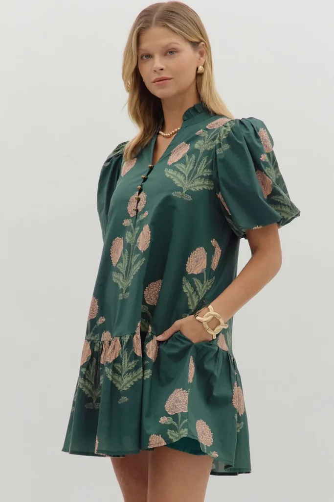 Perfect Look Winter-Season Margot Floral Babydoll Dress in Hunter Green