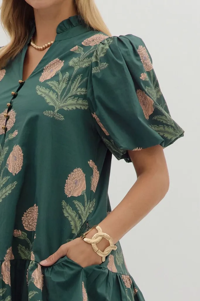 ruffle trim Sister Charm Margot Floral Babydoll Dress in Hunter Green