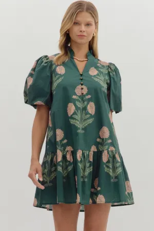 Workwear Essential Margot Floral Babydoll Dress in Hunter Green Stylish Layer Dainty Finish Margot Floral Babydoll Dress in Hunter Green