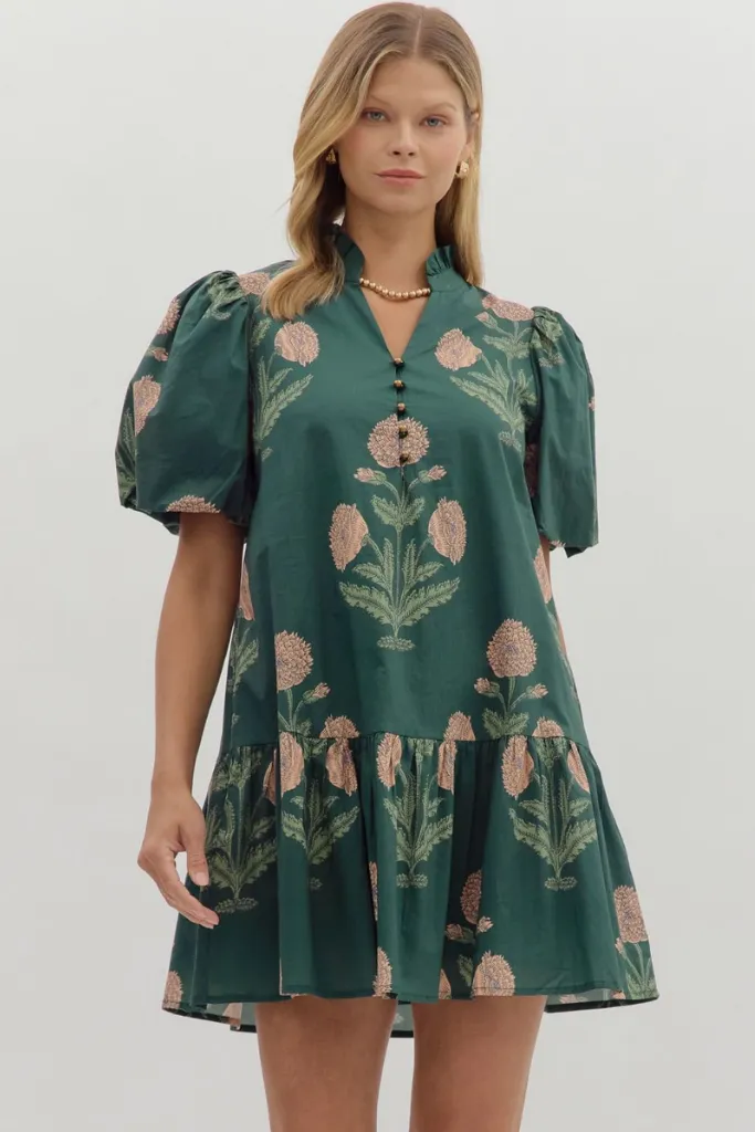 Stylish Layer Dainty Finish Margot Floral Babydoll Dress in Hunter Green