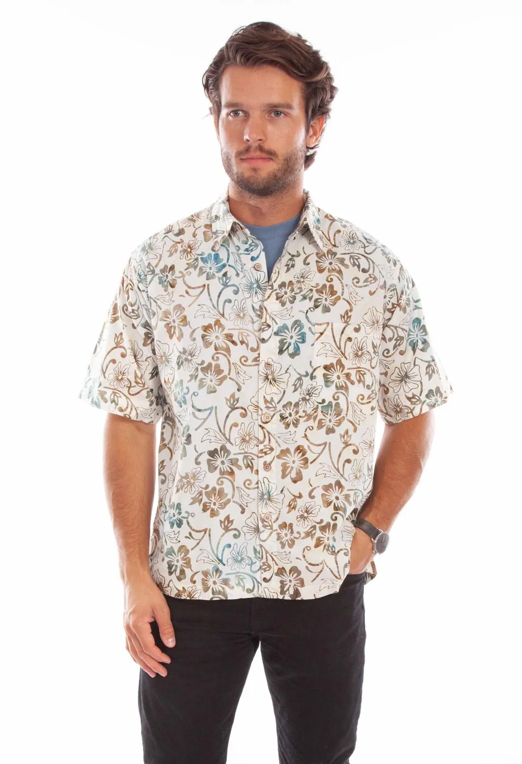 Scully Mens Batik Floral Natural 100% Cotton S/S Shirt Easy Comfort Trendy Vibes