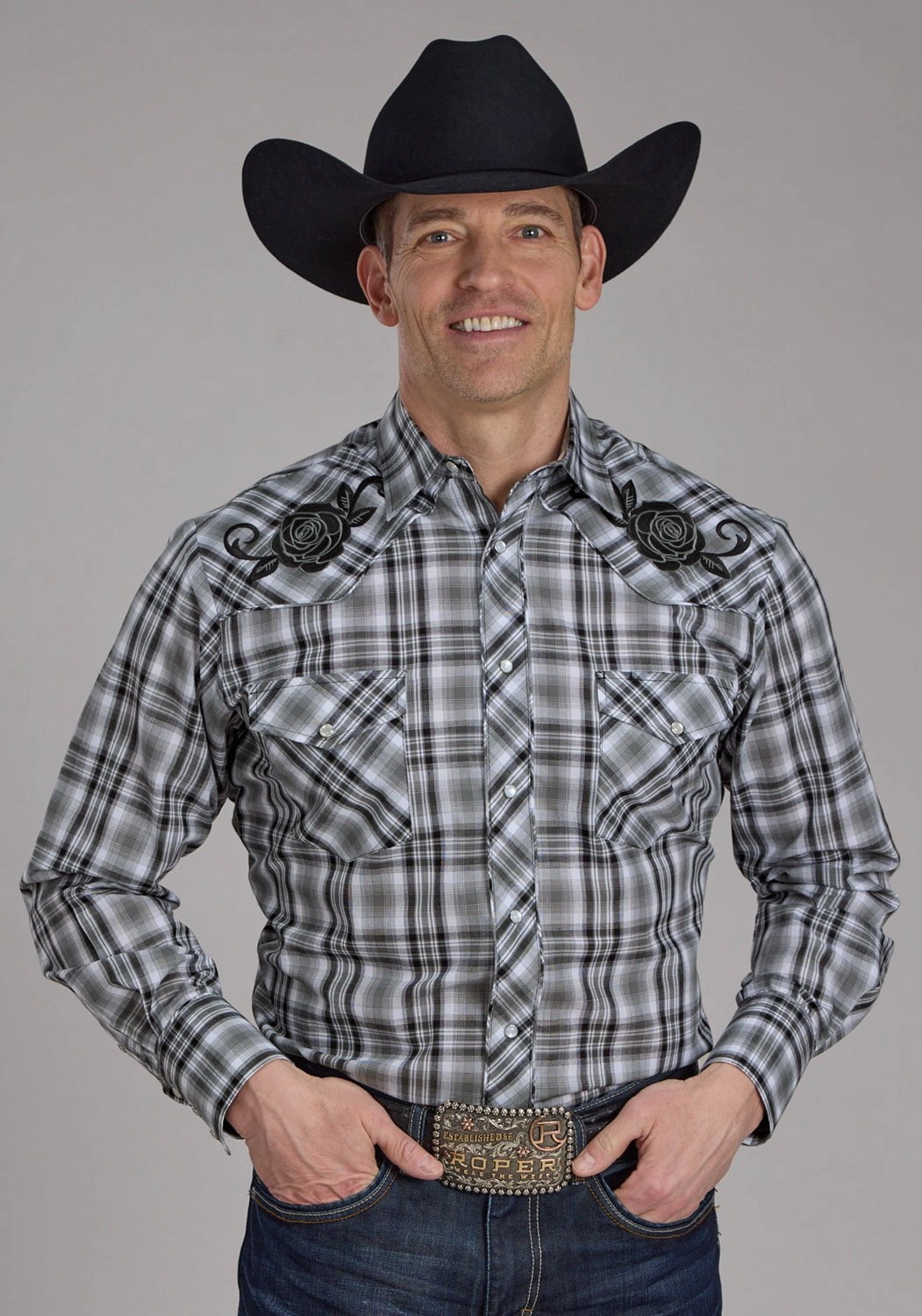 Non Iron Material Roper Mens 2126 Plaid Rose Grey/Black Cotton Blend L/S Shirt