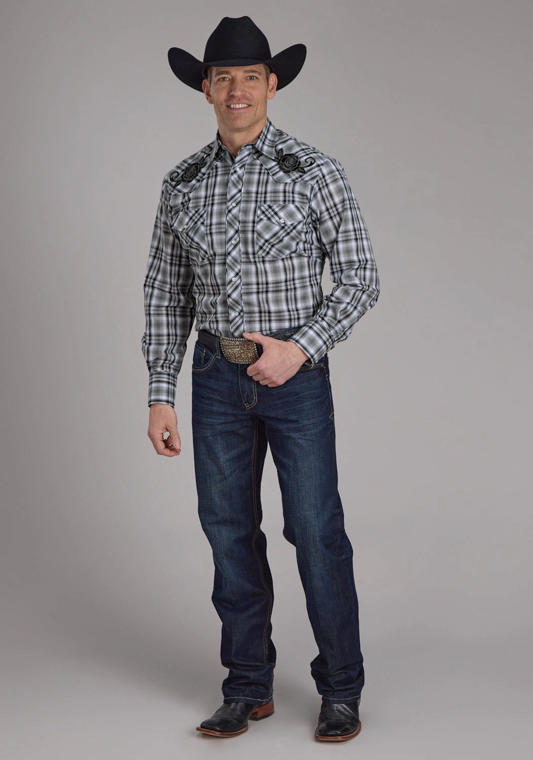 Simple Layer Twill Weave Roper Mens 2126 Plaid Rose Grey/Black Cotton Blend L/S Shirt