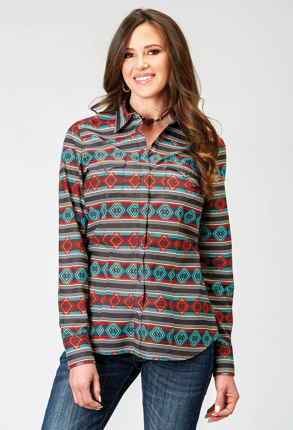 Roper Womens 1898 Aztec Stripe Red Multi 100% Cotton L/S Shirt Smart Look