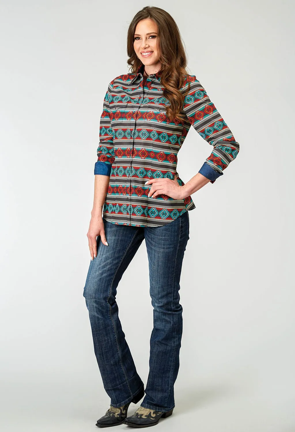 Roper Womens 1898 Aztec Stripe Red Multi 100% Cotton L/S Shirt Soft Touch Fabric