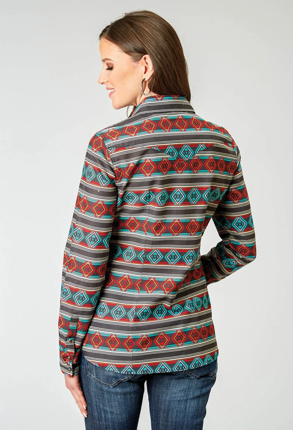 High Neck Waffle Weave Roper Womens 1898 Aztec Stripe Red Multi 100% Cotton L/S Shirt
