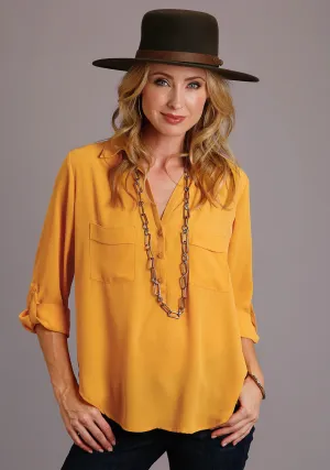 Woven Texture Stetson Womens Gold Polyester Open V-Collar S/S Blouse Stetson Womens Gold Polyester Open V-Collar S/S Blouse Sleek Fit