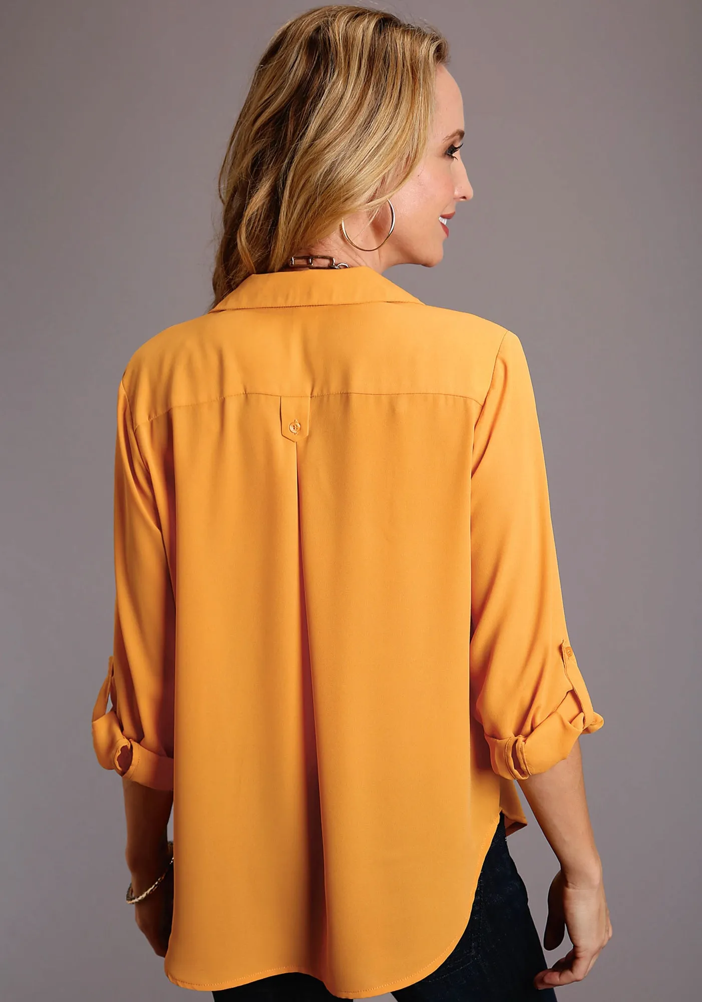 Stetson Womens Gold Polyester Open V-Collar S/S Blouse Ergonomic Sleeve Cut Comfy Layer