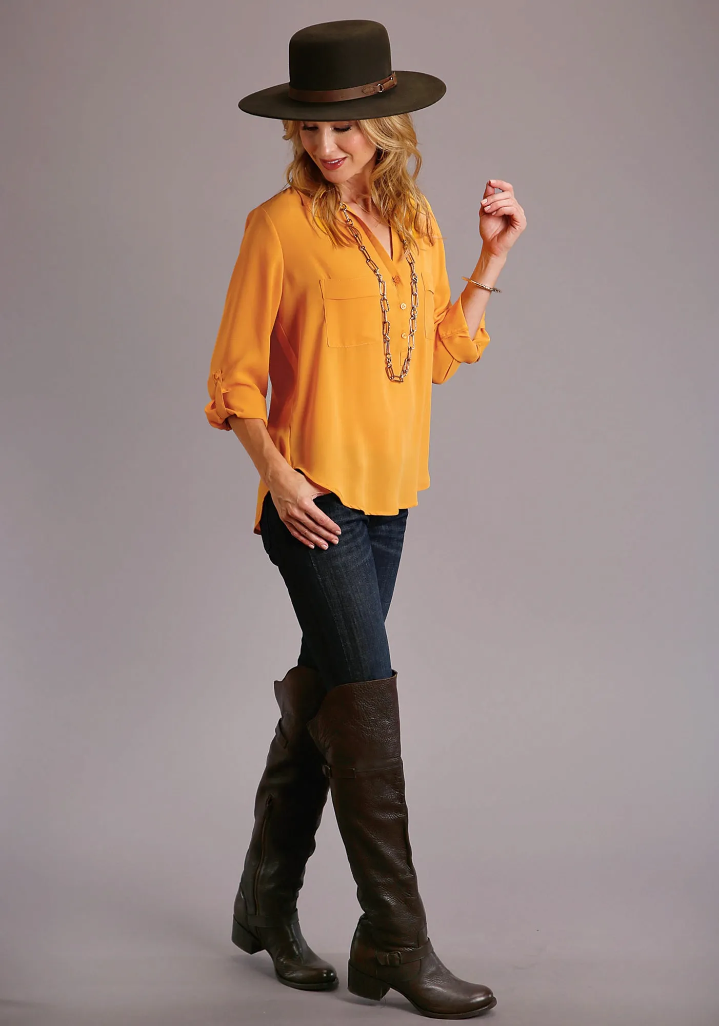 Friends Meetup Winter Collection Stetson Womens Gold Polyester Open V-Collar S/S Blouse