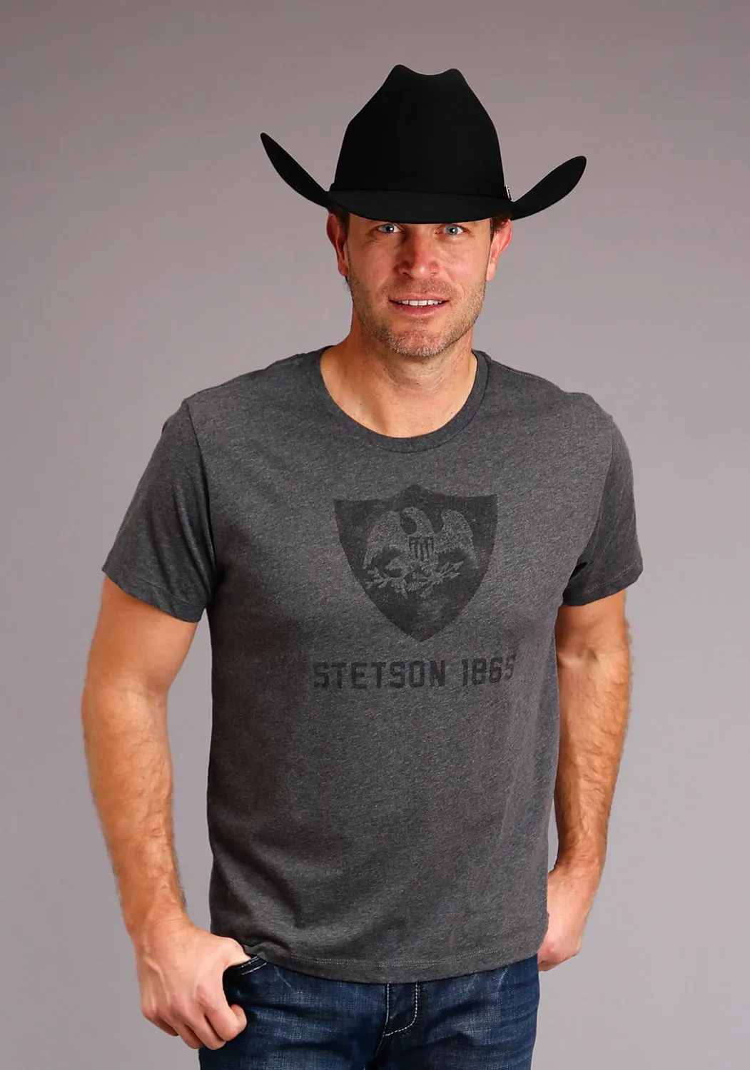Roll-Up Sleeve Stetson Unisex Grey Cotton Blend Eagle Crest S/S T-Shirt