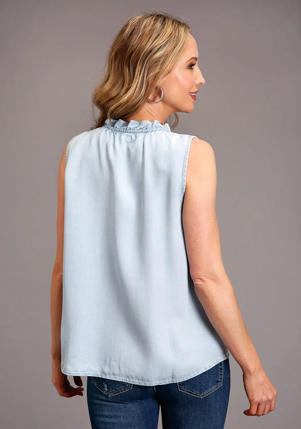 Winter Collection Layered Hemline Stetson Womens Light Blue Denim Ruffle V-Neck S/L Blouse