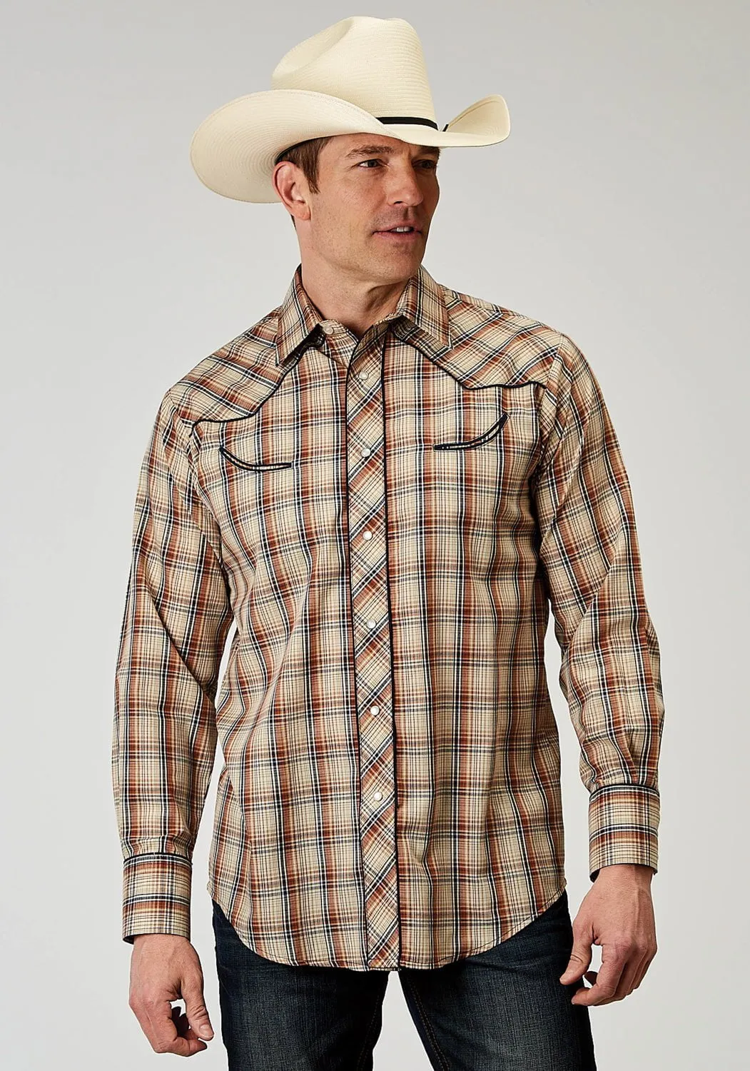 Roper Mens Retro Piped Brown Cotton Blend L/S Shirt EasyCare Fabric Wardrobe Staple