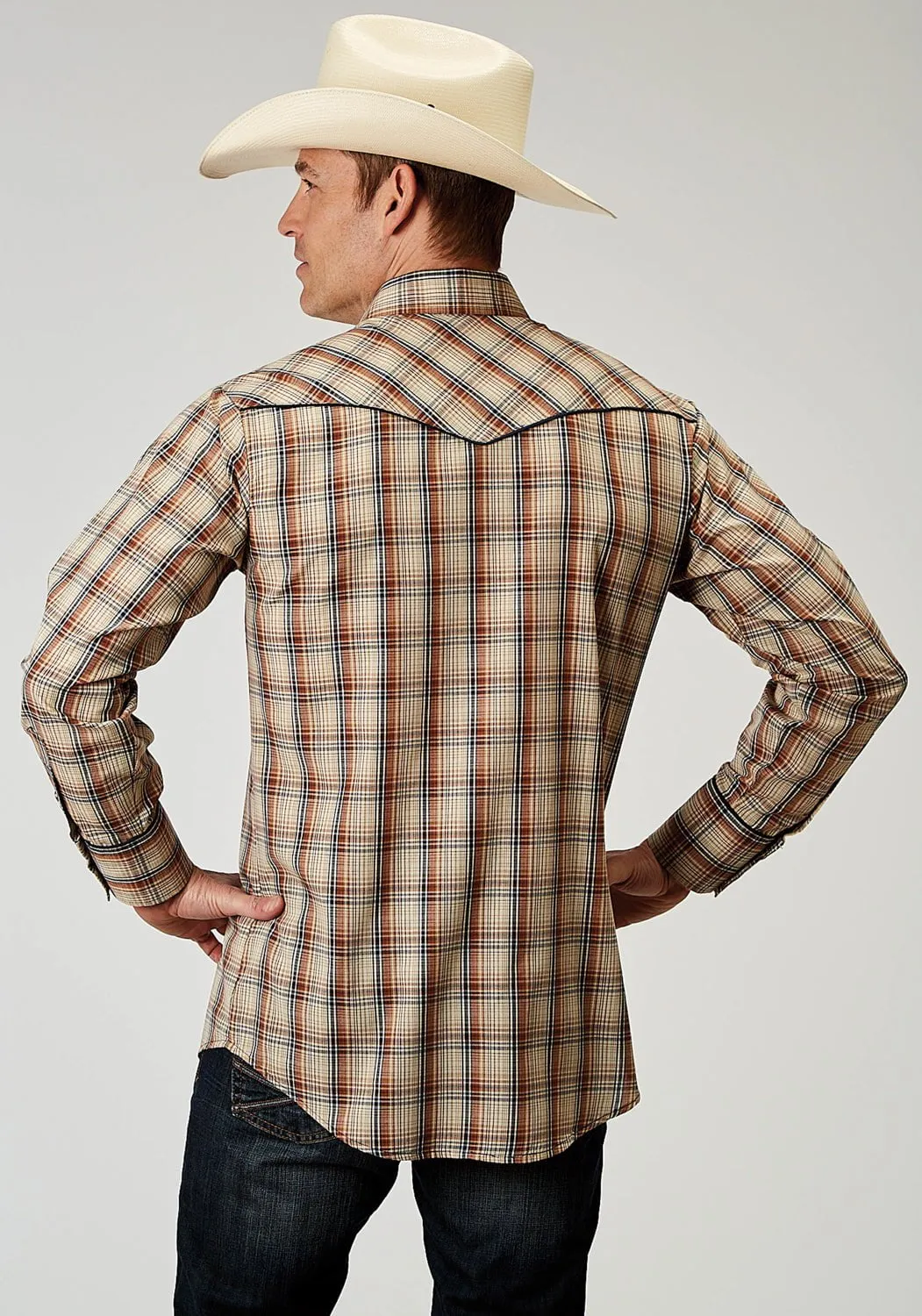 Roper Mens Retro Piped Brown Cotton Blend L/S Shirt Athletic Look
