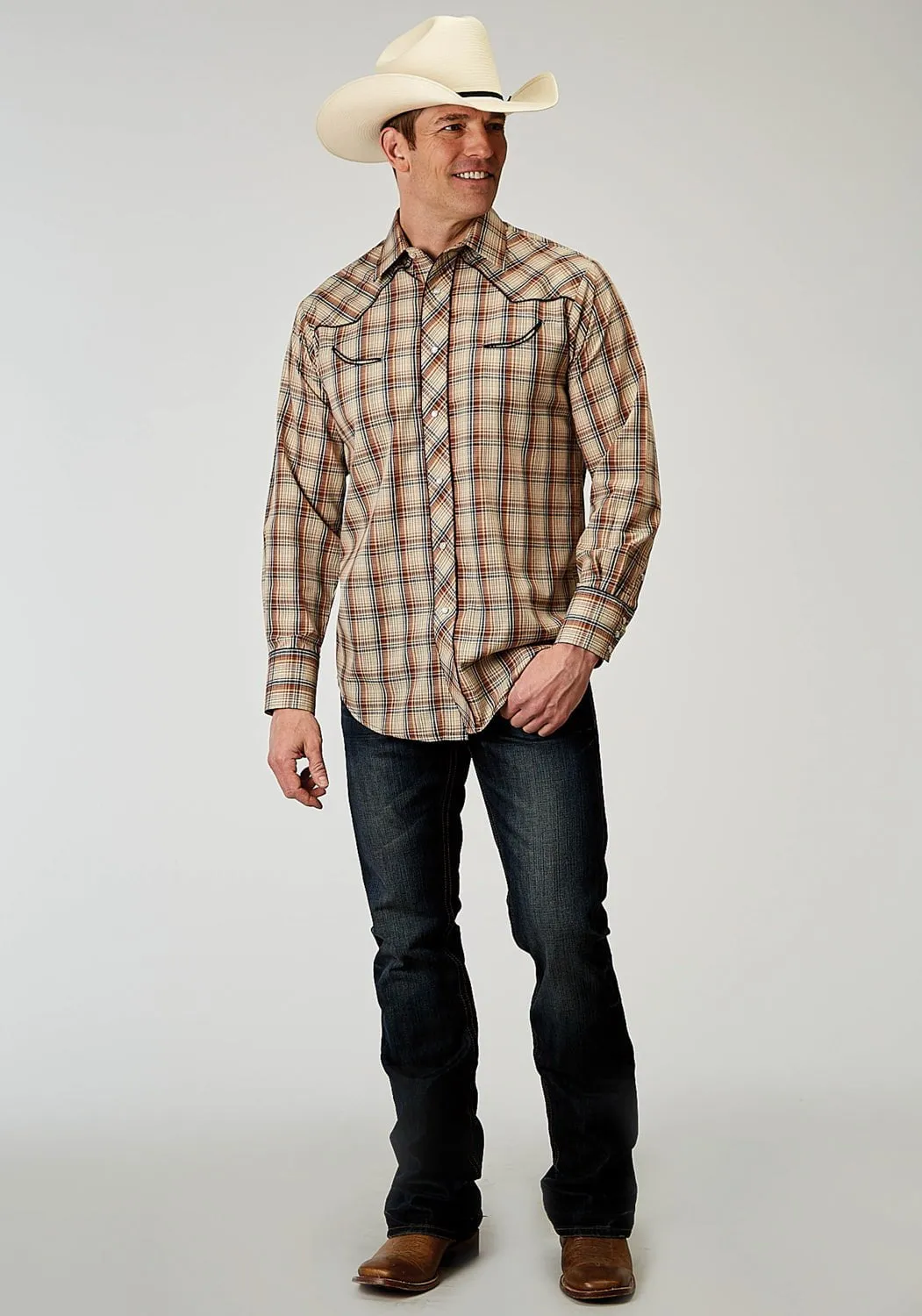 Roper Mens Retro Piped Brown Cotton Blend L/S Shirt Wrinkle-Resistant