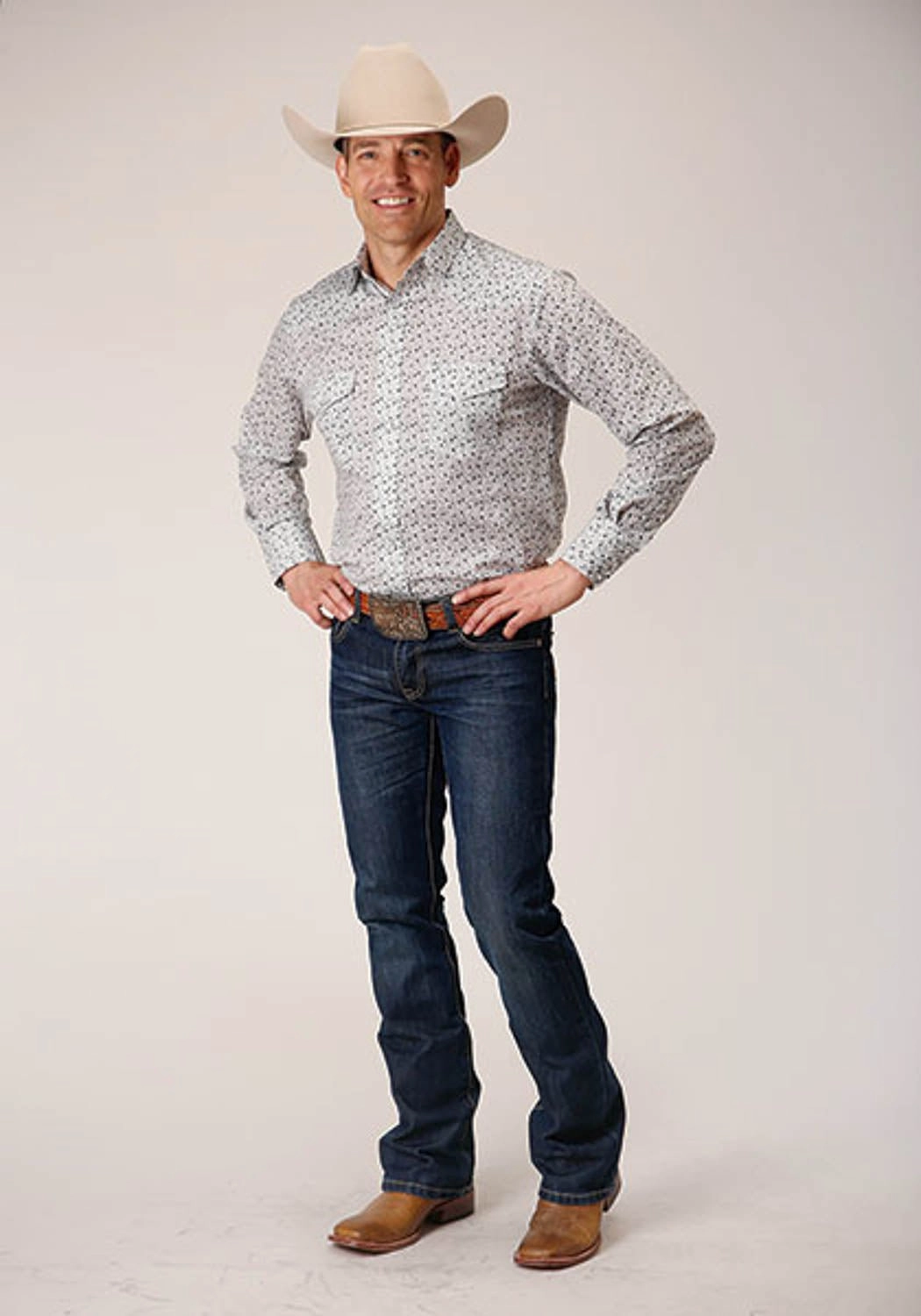 Roper Mens 1626 Mini Floral White/Blue Cotton Blend L/S Shirt Roomy Cut