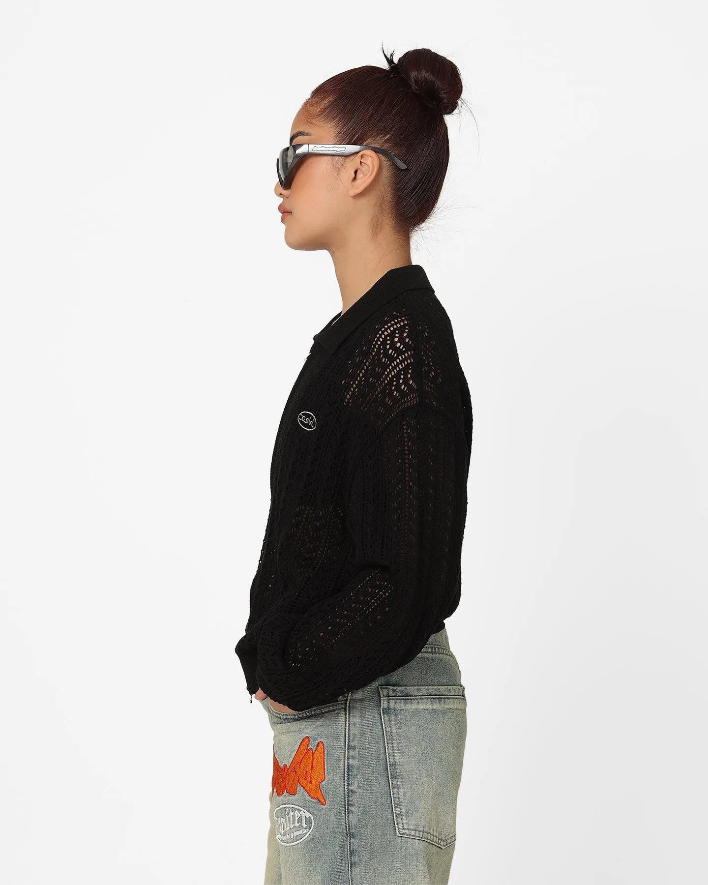 X-Girl Women's Crochet Double Zip Cardigan Black