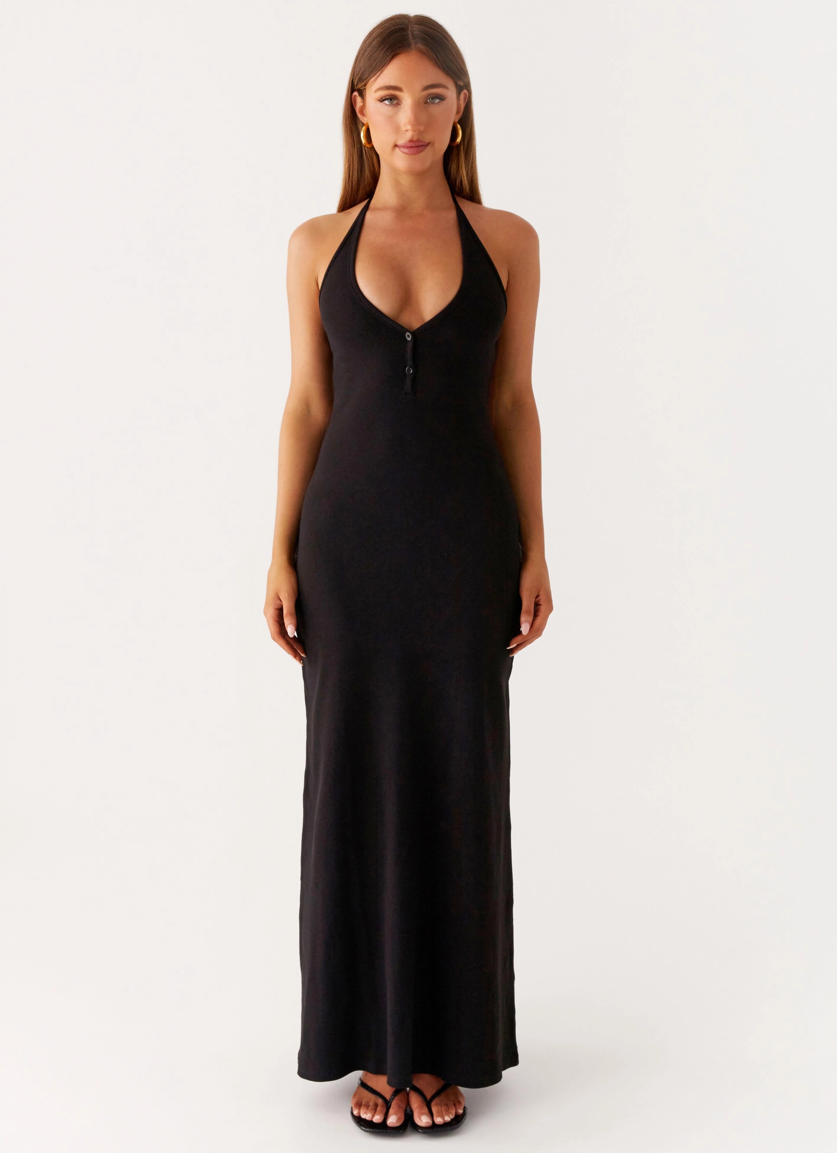 WaterRepellentCoating Yaselle Button Front Maxi Dress - Black