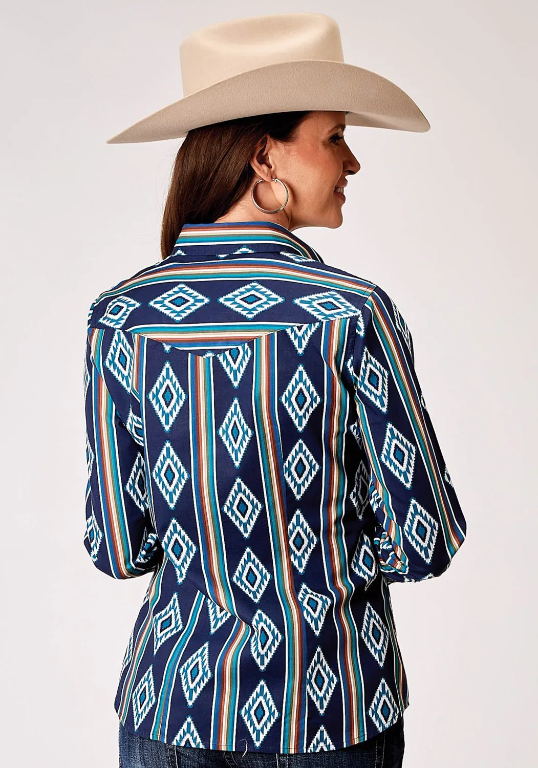 Roper Womens 1908 Serape Stripe Blue 100% Cotton L/S Shirt Casual Look