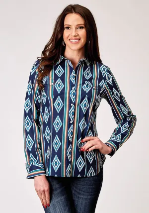 Year-Round Comfort Roper Womens 1908 Serape Stripe Blue 100% Cotton L/S Shirt Anti Pilling Finish Roper Womens 1908 Serape Stripe Blue 100% Cotton L/S Shirt