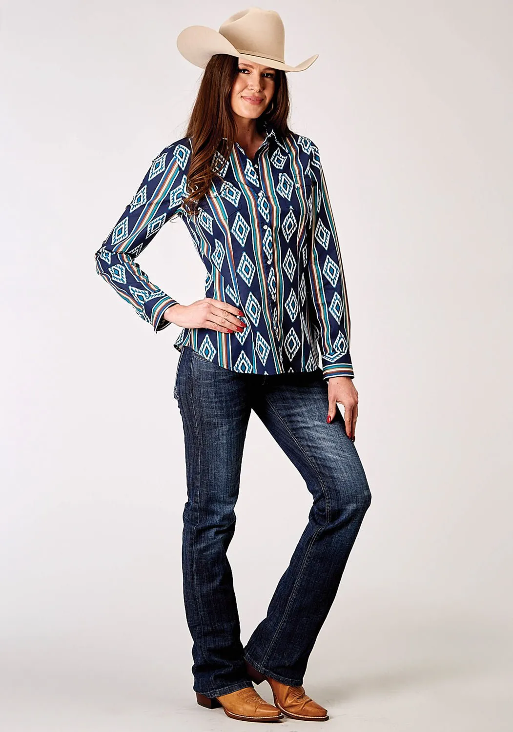 Roper Womens 1908 Serape Stripe Blue 100% Cotton L/S Shirt Lightweight Wear