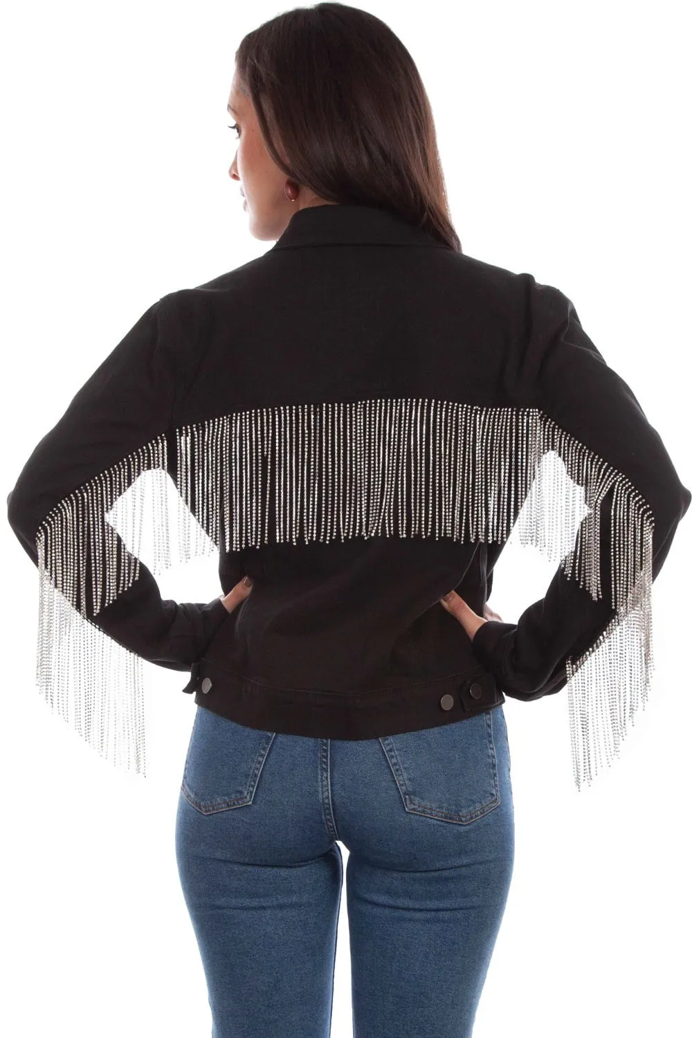 Simple Aesthetic Scully Womens Black Cotton Blend Rhinestone Fringe Denim Jacket