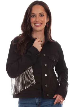 Year Round Scully Womens Black Cotton Blend Rhinestone Fringe Denim Jacket Staple Piece Smart Casual Athlete Fit Scully Womens Black Cotton Blend Rhinestone Fringe Denim Jacket